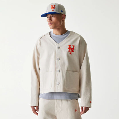 The Male model is wearing New York Mets MLB Cotton Open Cream Jacket 1