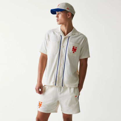 The Male model is wearing New York Mets MLB Piping Open Cream Short Sleeve Shirt 1