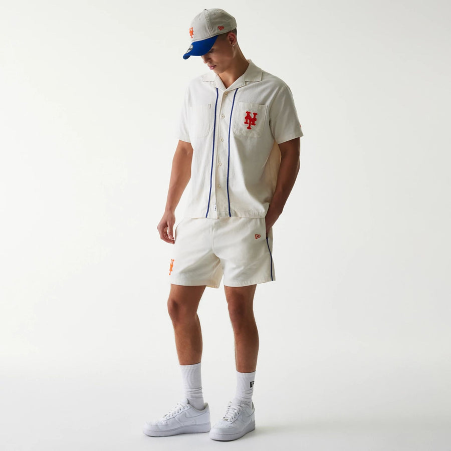 The Male model is wearing New York Mets MLB Piping Open Cream Shorts 7
