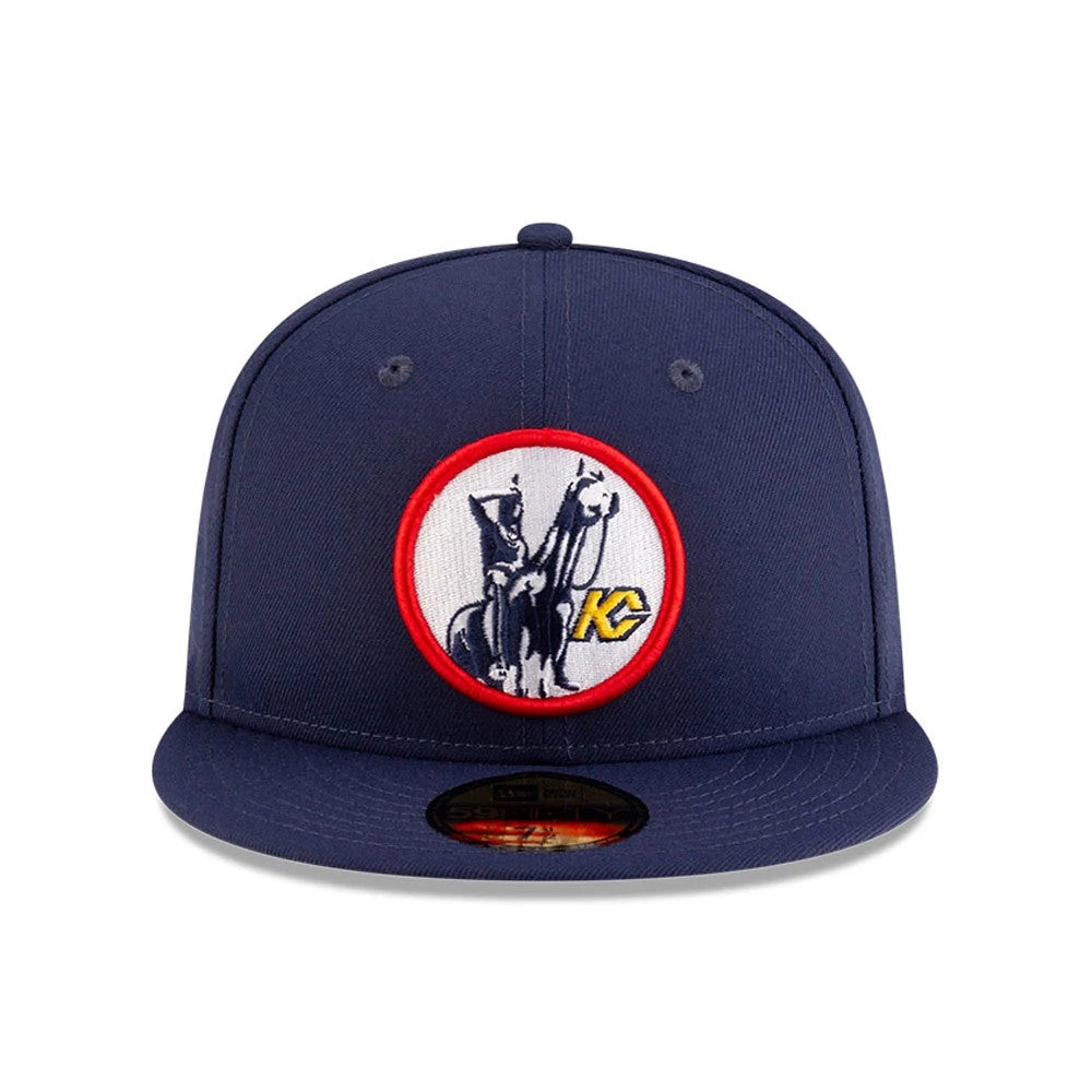 Kansas City Scouts NHL Basic Navy New Era 59FIFTY Fitted Cap, front view showing the raised embroidered Scouts logo in red, white, and navy on the front panel, with a flat navy visor and gold 59FIFTY size sticker.