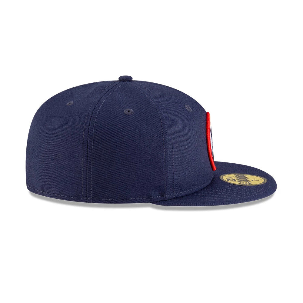 Kansas City Scouts NHL Basic Navy New Era 59FIFTY Fitted Cap, side view with a structured navy crown, red outlined front logo and a gold 59FIFTY size sticker on the flat navy visor.