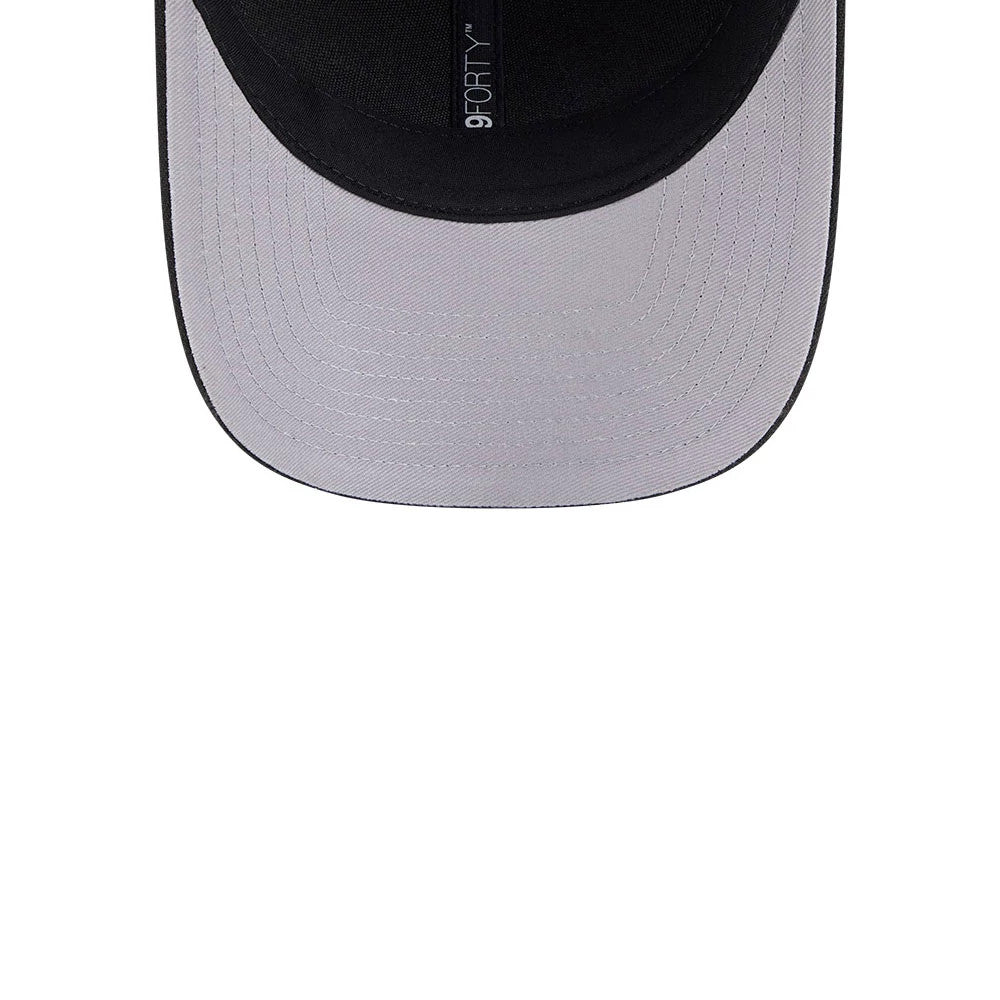 Vancouver Canucks NHL Team Black New Era 9FORTY M-Crown Adjustable Cap, top view showing a curved black visor with a grey undervisor, detailed stitching, and a 9FORTY size sticker centred on the edge.