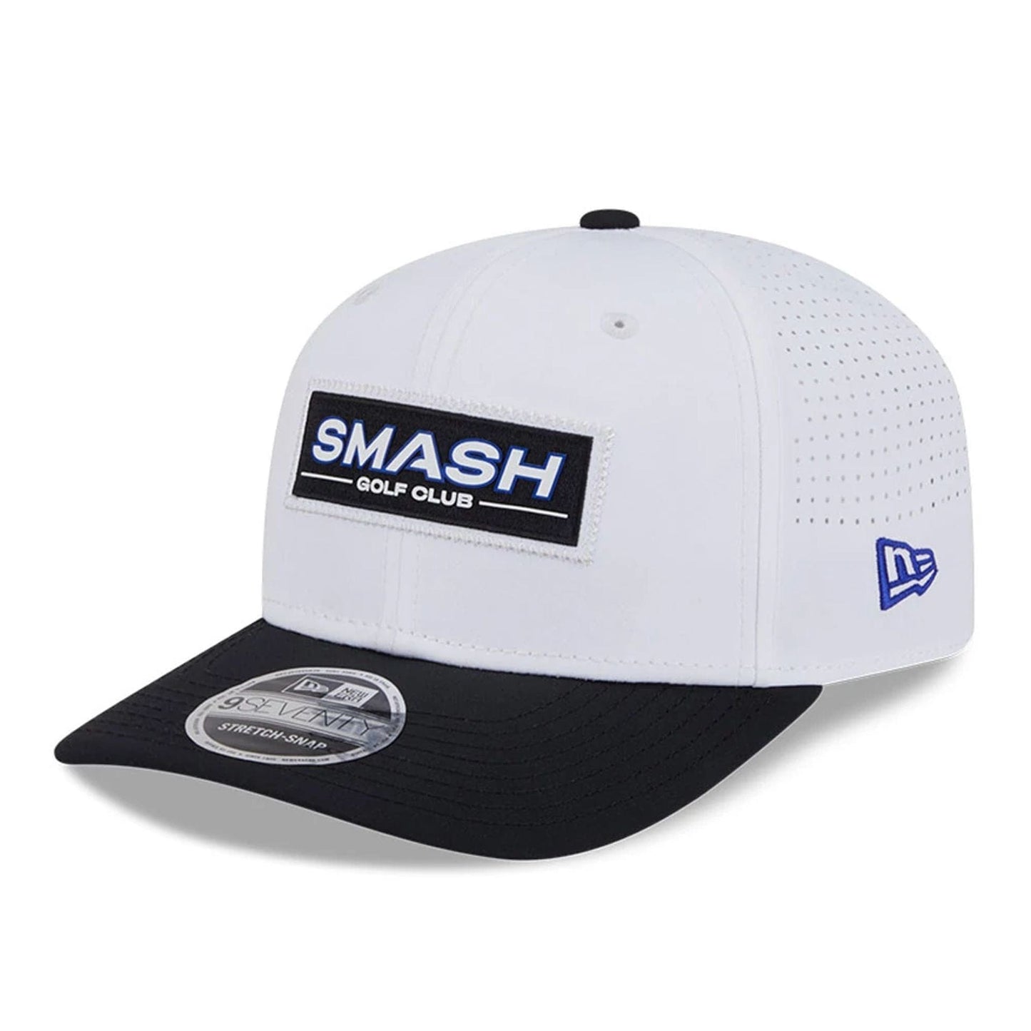 This is a Smash Patch LIV Golf 2025 White 9SEVENTY Stretch Snap Adjustable Cap 1