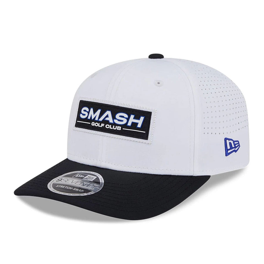 This is a Smash Patch LIV Golf 2025 White 9SEVENTY Stretch Snap Adjustable Cap 1