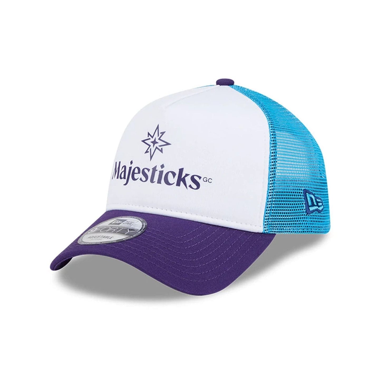 This is a Majesticks LIV Golf 2025 White 9FORTY A-Frame Adjustable Cap 1