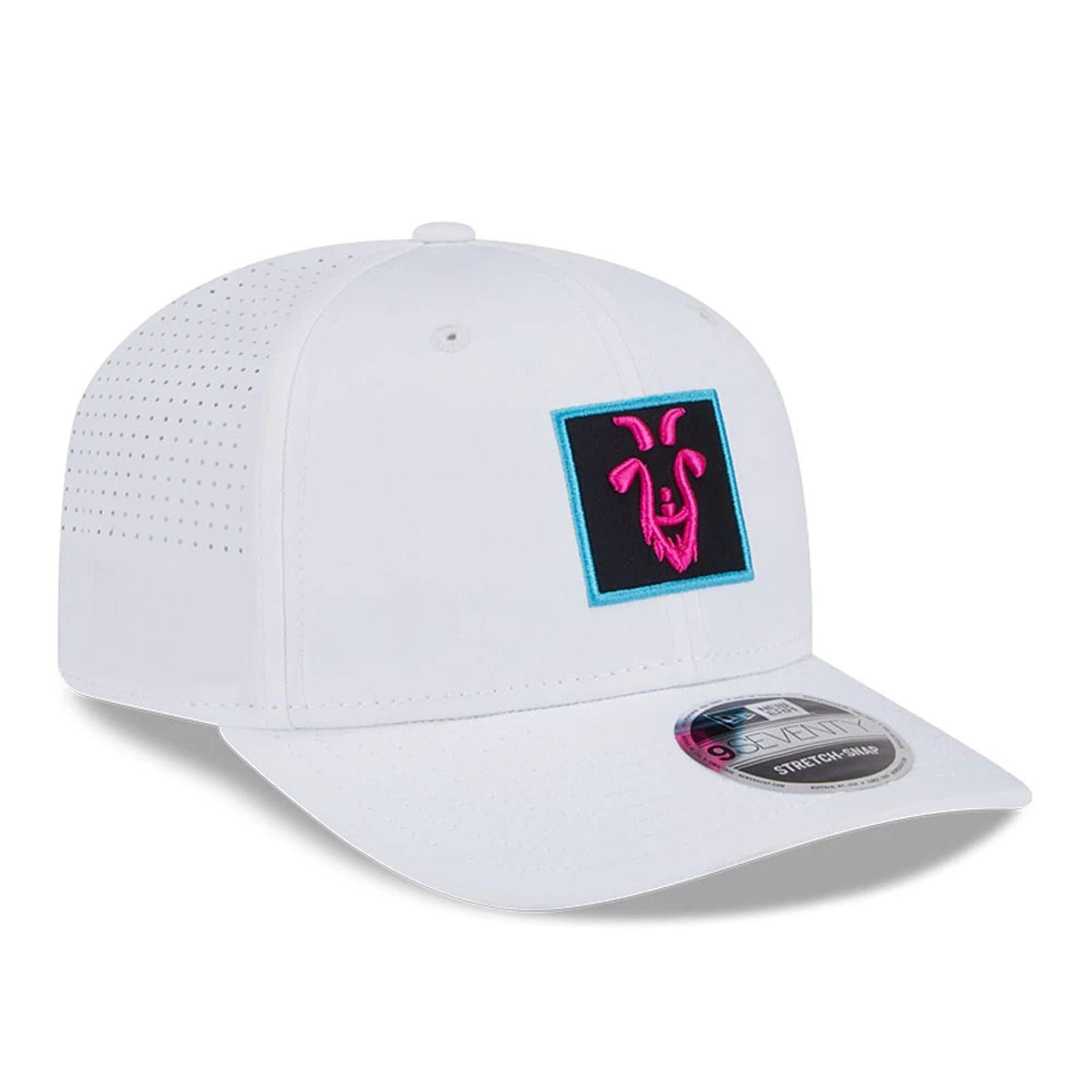 This is a Rangegoats LIV Golf 2025 White 9SEVENTY Stretch Snap Adjustable Cap 3