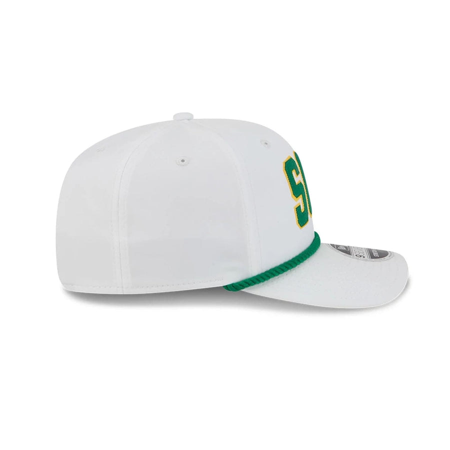 This is a Stinger LIV Golf 2025 White 9SEVENTY Stretch Snap Adjustable Cap 6