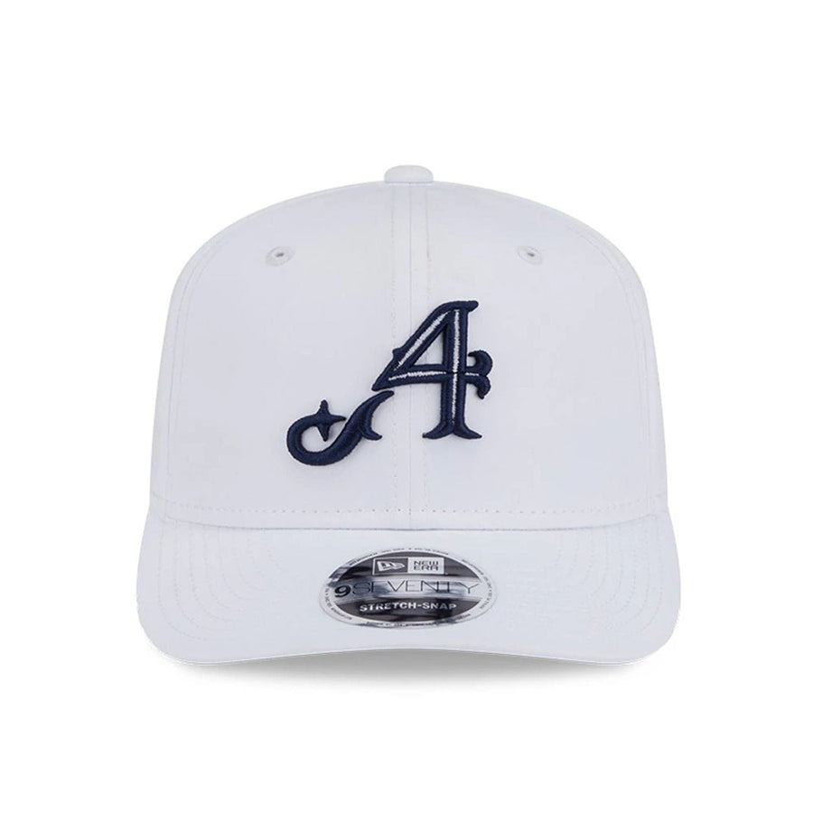 This is a 4Aces LIV Golf 2025 White 9SEVENTY Stretch Snap Adjustable Cap 2