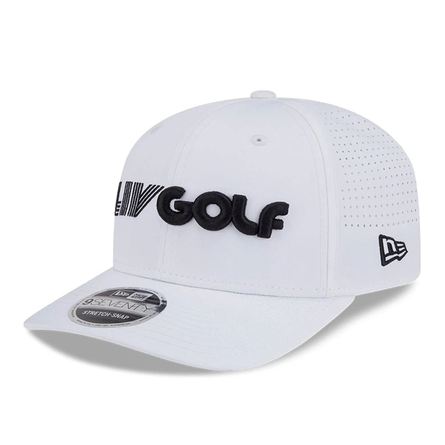 This is a LIV Golf 2025 White 9SEVENTY Stretch Snap Adjustable Cap 1