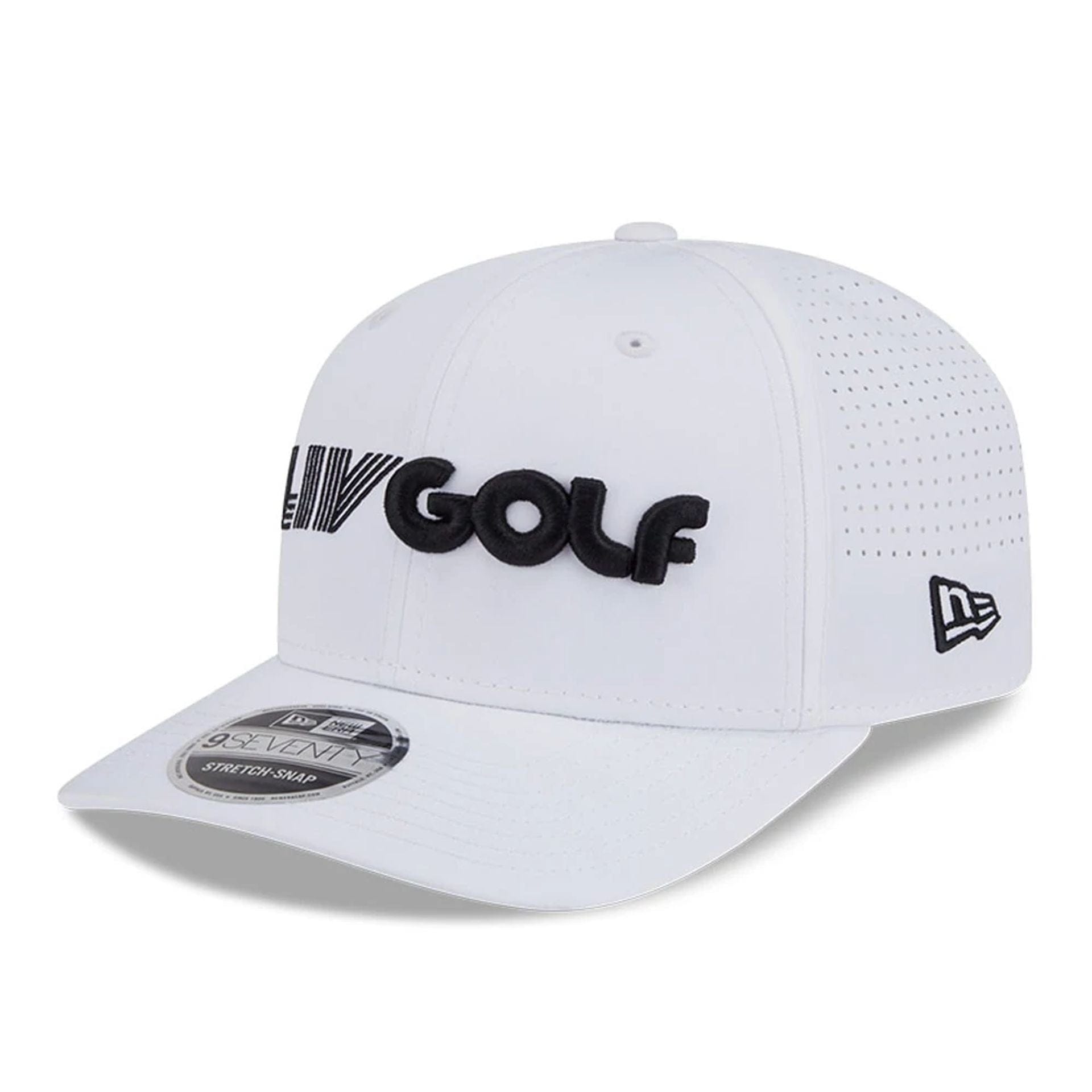 This is a LIV Golf 2025 White 9SEVENTY Stretch Snap Adjustable Cap 1