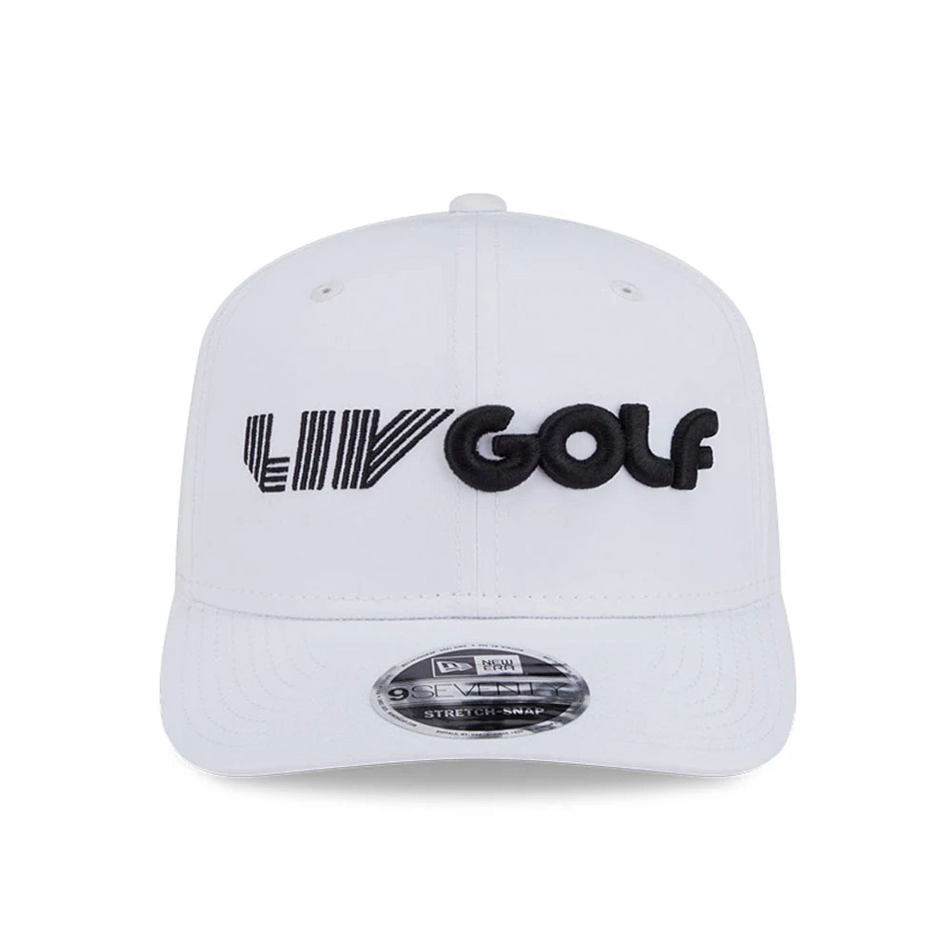 This is a LIV Golf 2025 White 9SEVENTY Stretch Snap Adjustable Cap 3