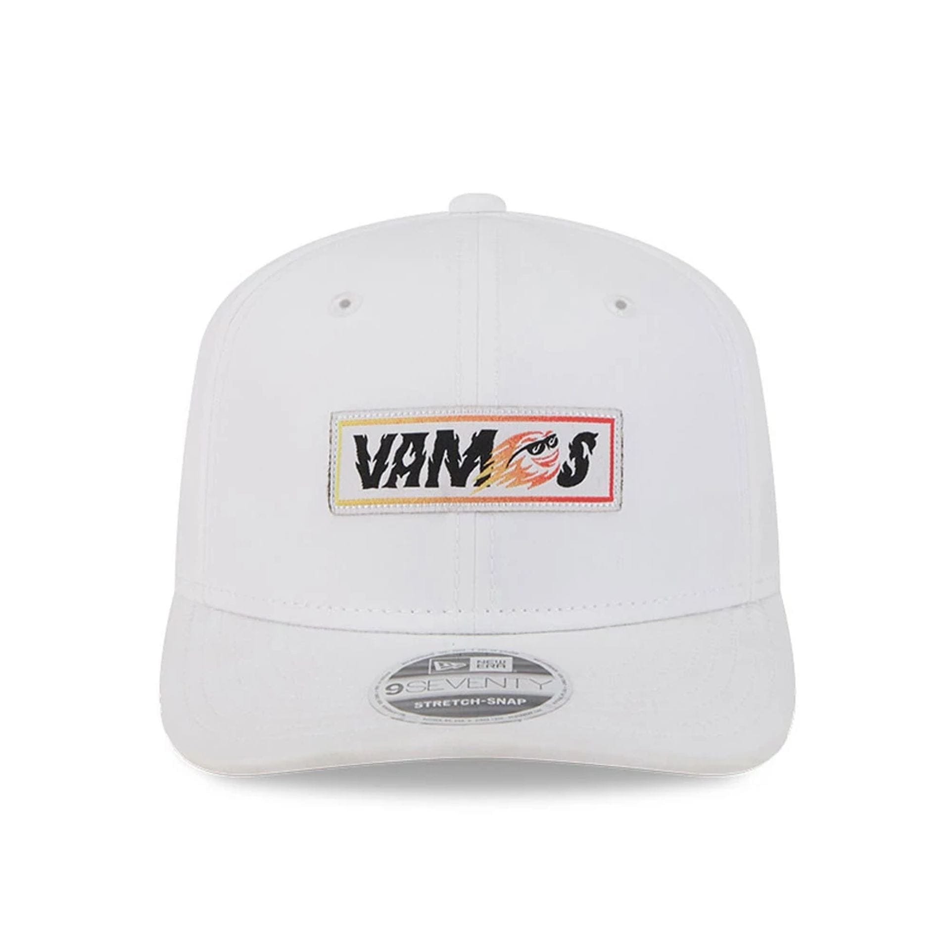 This is a Fireballs LIV Golf 2025 White 9SEVENTY Stretch Snap Adjustable Cap 3