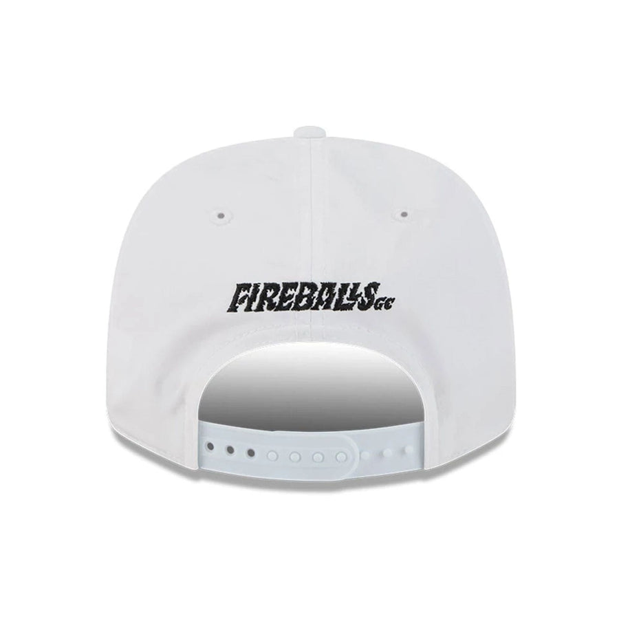 This is a Fireballs LIV Golf 2025 White 9SEVENTY Stretch Snap Adjustable Cap 7