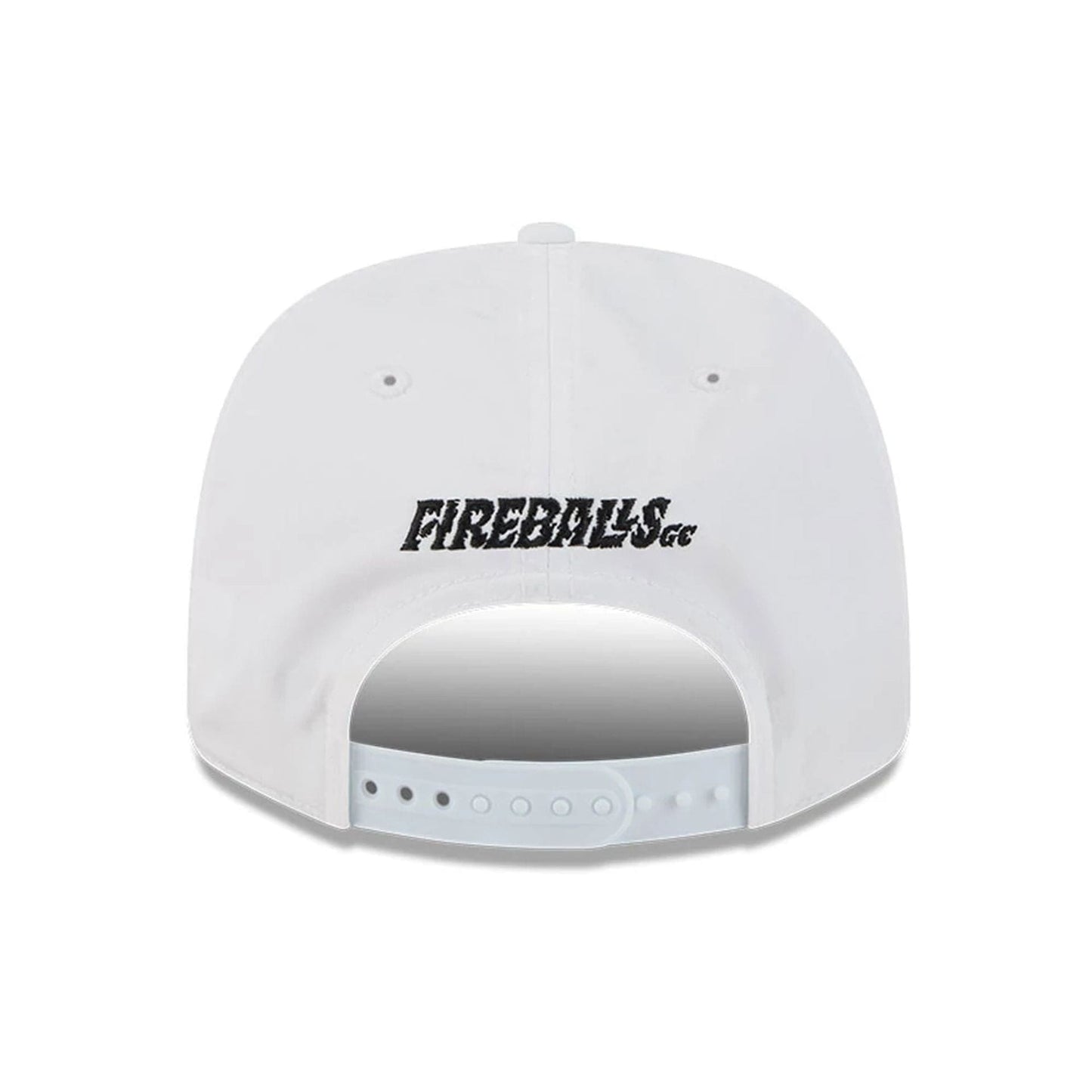 This is a Fireballs LIV Golf 2025 White 9SEVENTY Stretch Snap Adjustable Cap 7