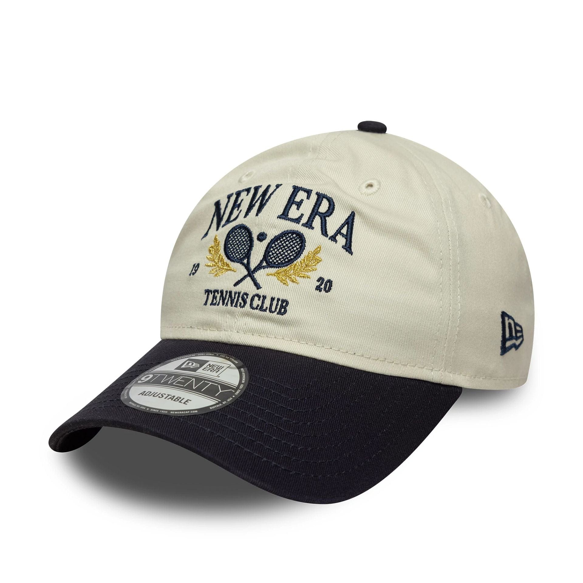 This is a New Era Tennis Cream & Navy 9TWENTY Adjustable Cap 1