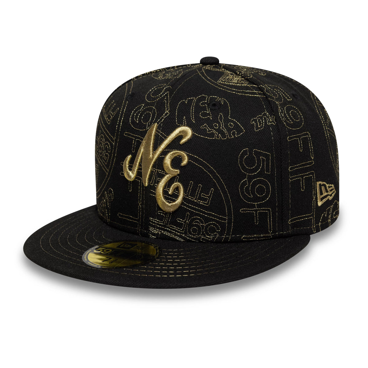 New Era Sticker Black 59FIFTY Fitted Cap, front view showing the raised gold NE embroidery on the front panel with an all-over gold graphic pattern, a flat black visor and a gold 59FIFTY size sticker.