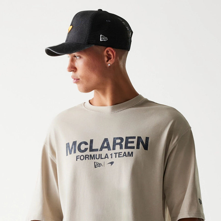 The Male model is wearing McLaren Racing Wordmark Light Beige Oversized T-Shirt 5