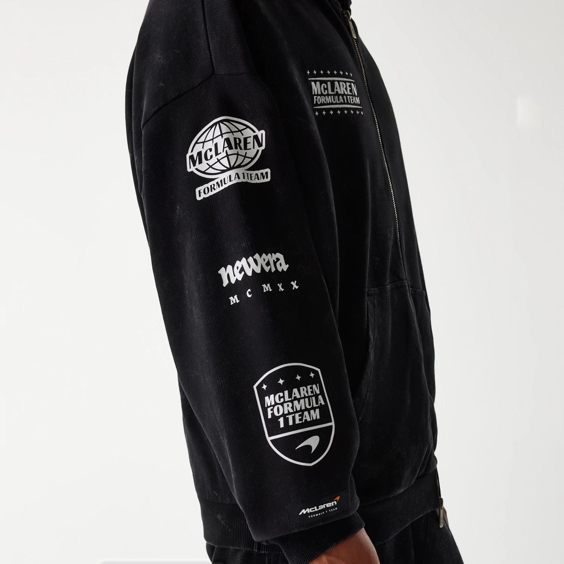The Male model is wearing McLaren Racing Graphic Black Full Zip Oversized Hoodie 4