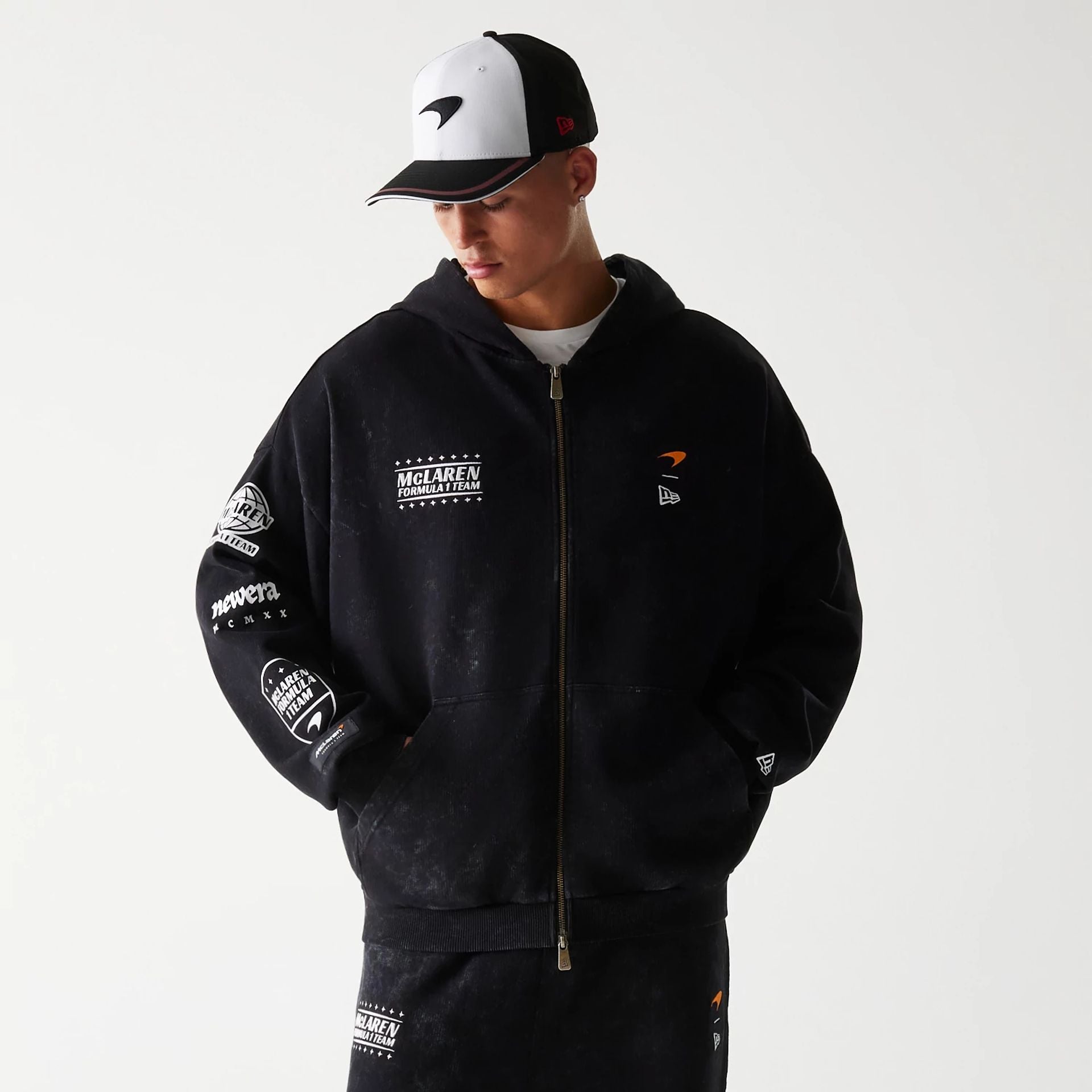 The Male model is wearing McLaren Racing Graphic Black Full Zip Oversized Hoodie 1