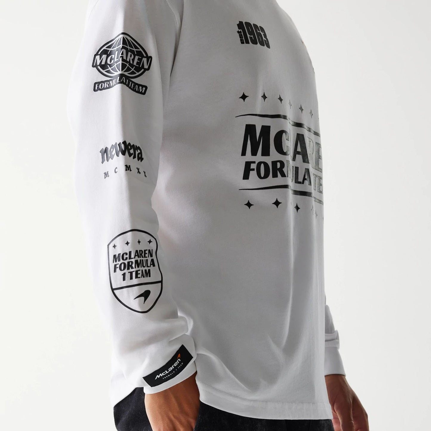 The Male model is wearing McLaren Racing White Long Sleeve T-Shirt 4