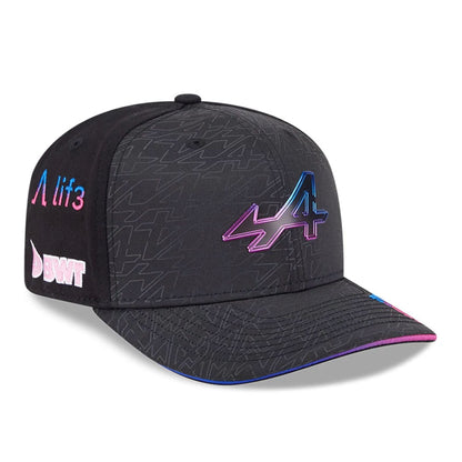 This is a Alpine Racing Pierre Gasly Vegas Race Special Black 9SEVENTY Stretch Snap Adjustable Cap 3