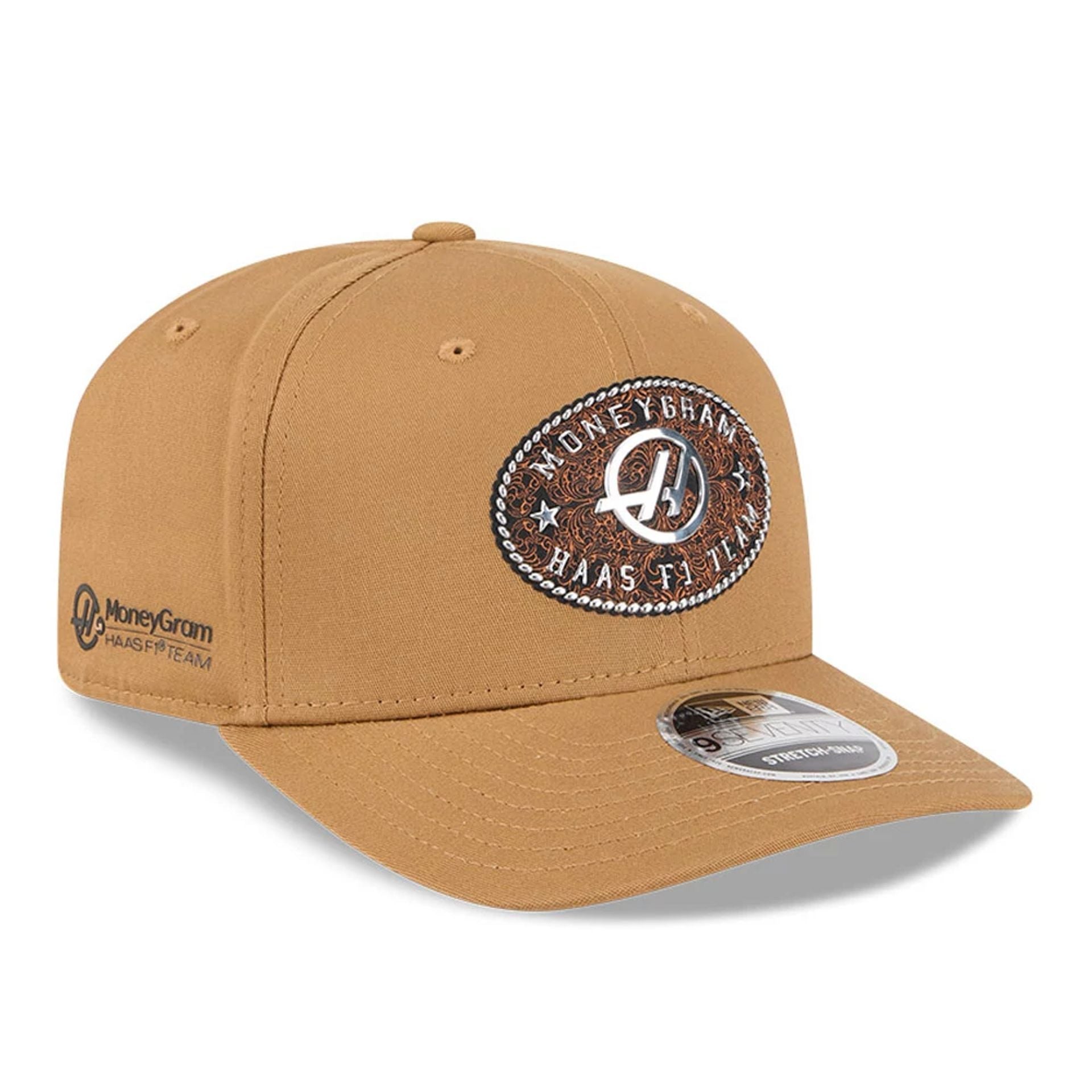 This is a MoneyGram Haas Formula 1 Austin Race Special Beige 9SEVENTY Stretch Snap Adjustable Cap 4