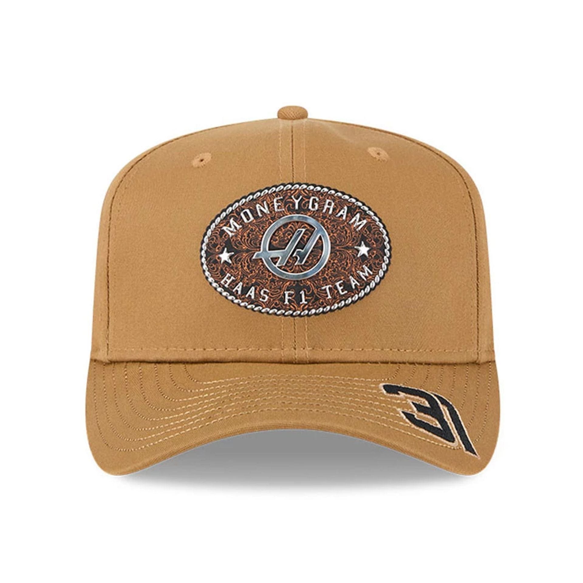 This is a MoneyGram Haas Formula 1 Esteban Ocon Austin Race Special Beige 9FIFTY Stretch Snap Adjustable Cap 3