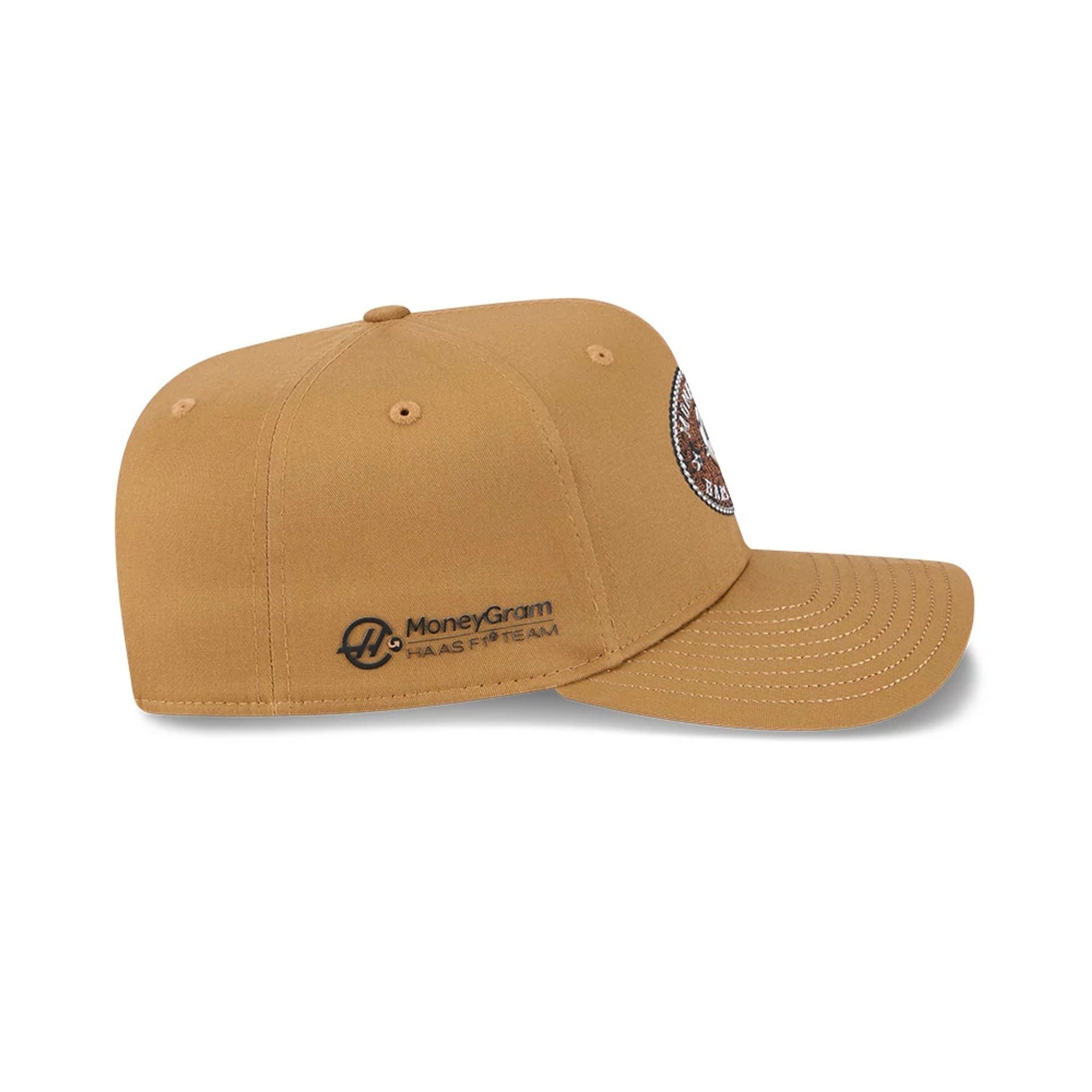 This is a MoneyGram Haas Formula 1 Esteban Ocon Austin Race Special Beige 9FIFTY Stretch Snap Adjustable Cap 6