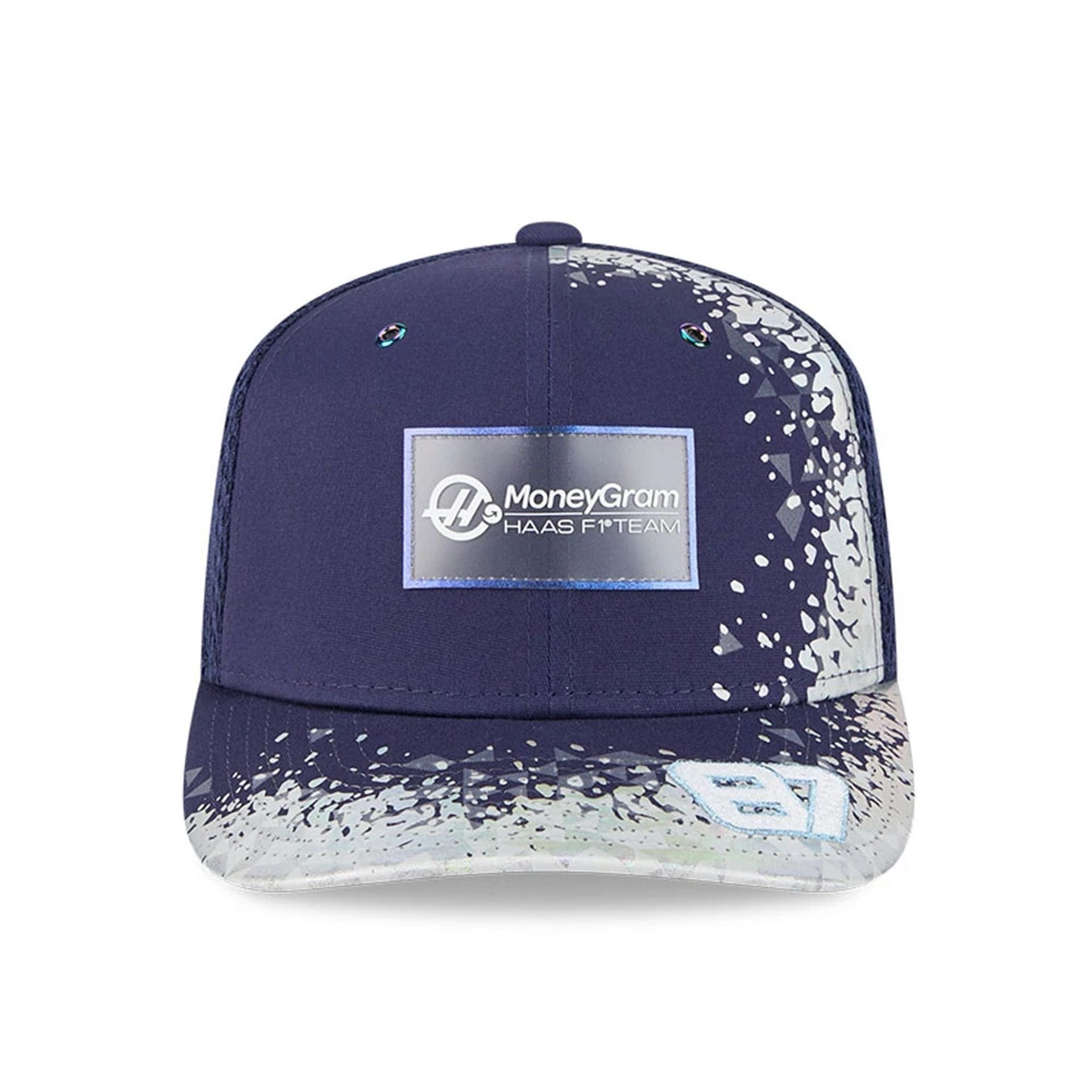 This is a MoneyGram Haas Formula 1 Oliver Bearman Vegas Race Special Navy 9SEVENTY Stretch Snap Adjustable Cap 2