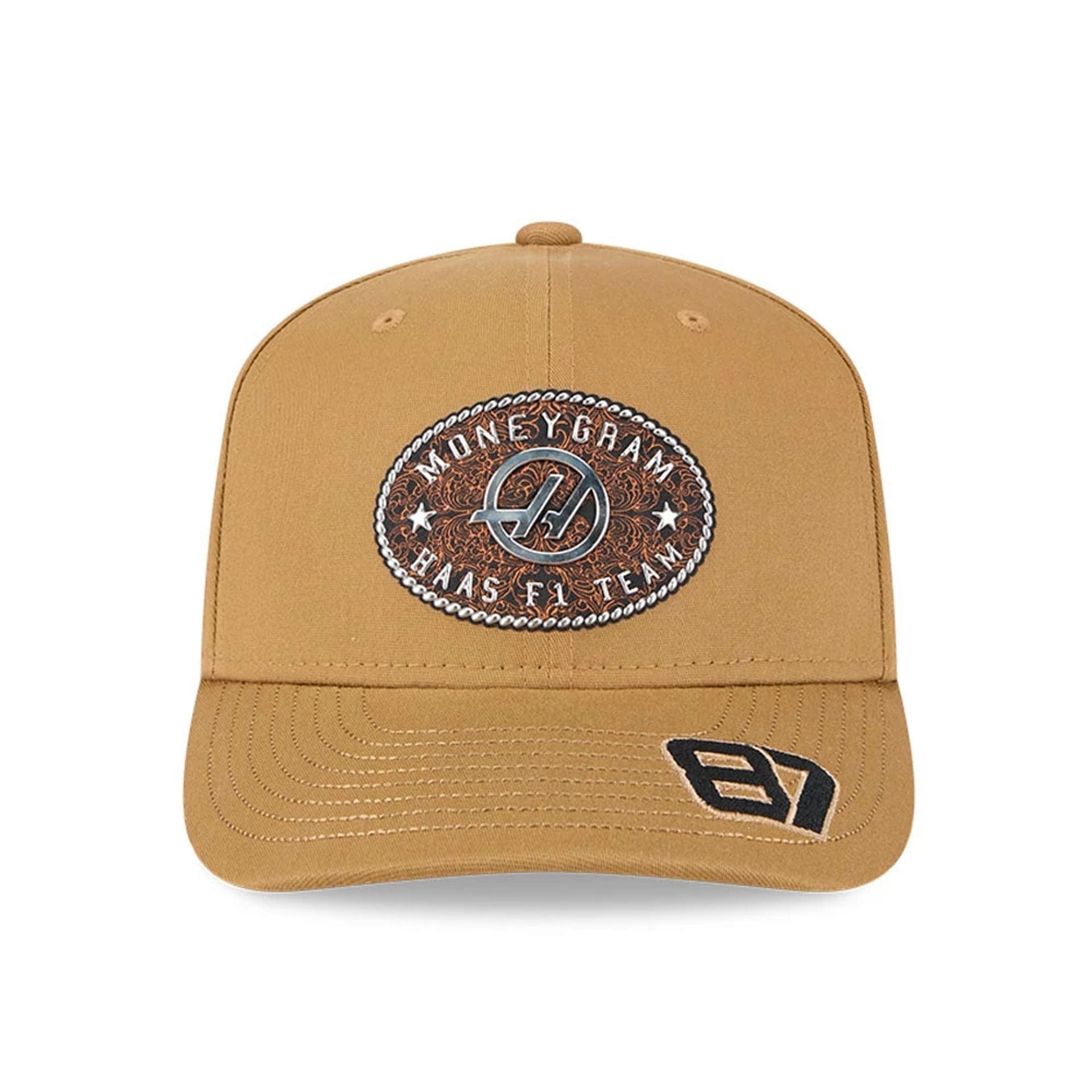 This is a MoneyGram Haas Formula 1 Oliver Bearman Austin Race Special Beige 9SEVENTY Stretch Snap Adjustable Cap 3