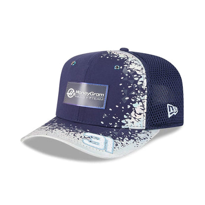 This is a MoneyGram Haas Formula 1 Esteban Ocon Vegas Race Special Navy 9FIFTY Stretch Snap Adjustable Cap 1