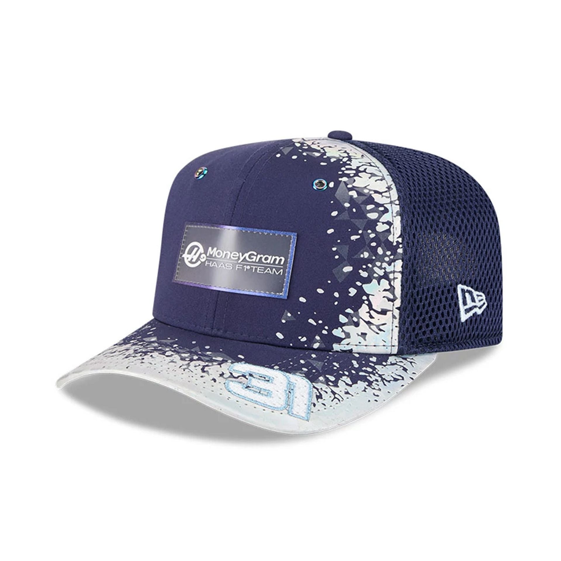 This is a MoneyGram Haas Formula 1 Esteban Ocon Vegas Race Special Navy 9FIFTY Stretch Snap Adjustable Cap 1