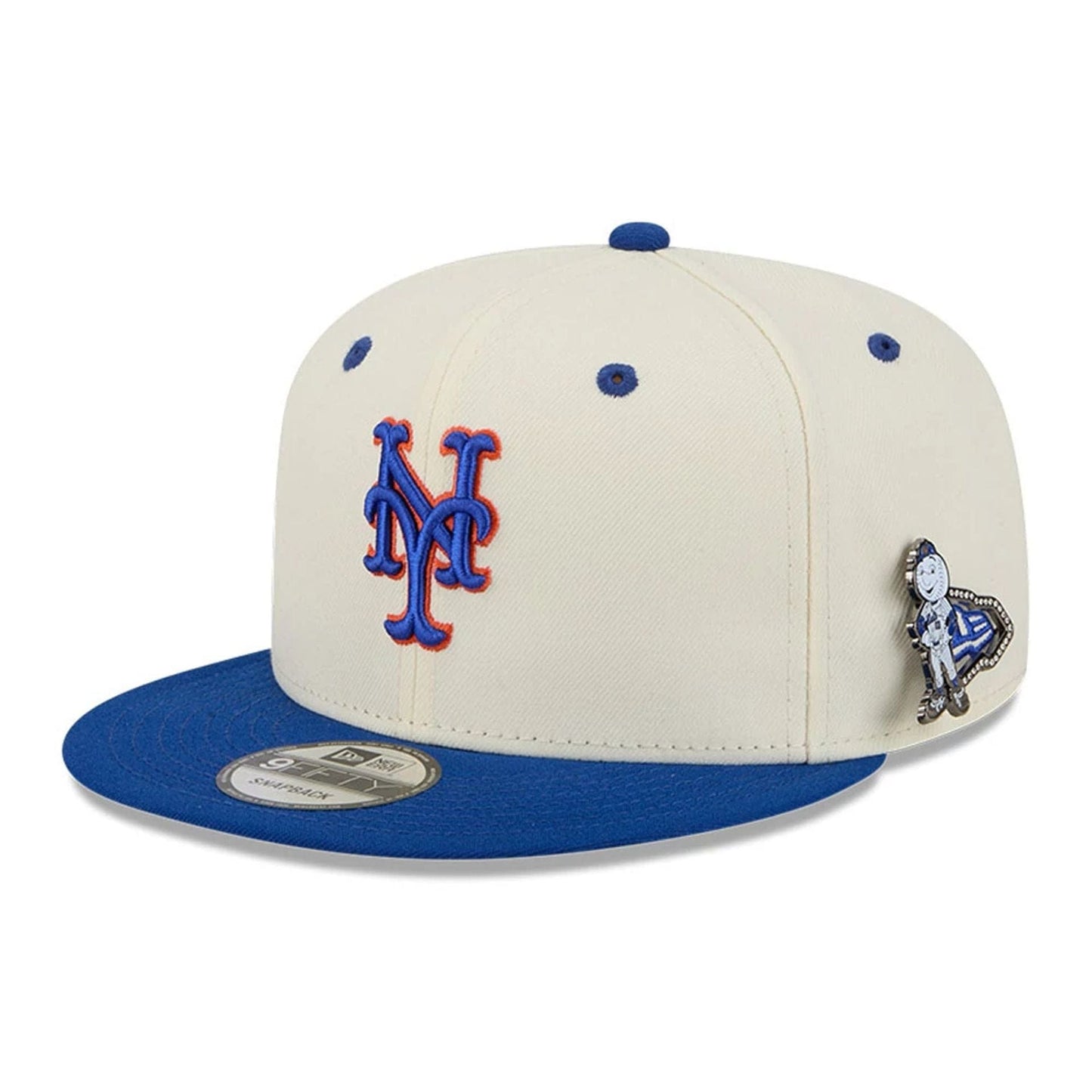 This is a New York Mets MLB Mascot Pin Blue 9FIFTY Snapback Adjustable Cap 1