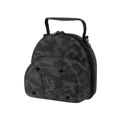 New Era Camo Black 2Pk 59FIFTY Cap Carrier, three-quarter view showing the black camo print shell with a zip running around the edge, a short handle on top, a debossed New Era logo and eyelets on the front.