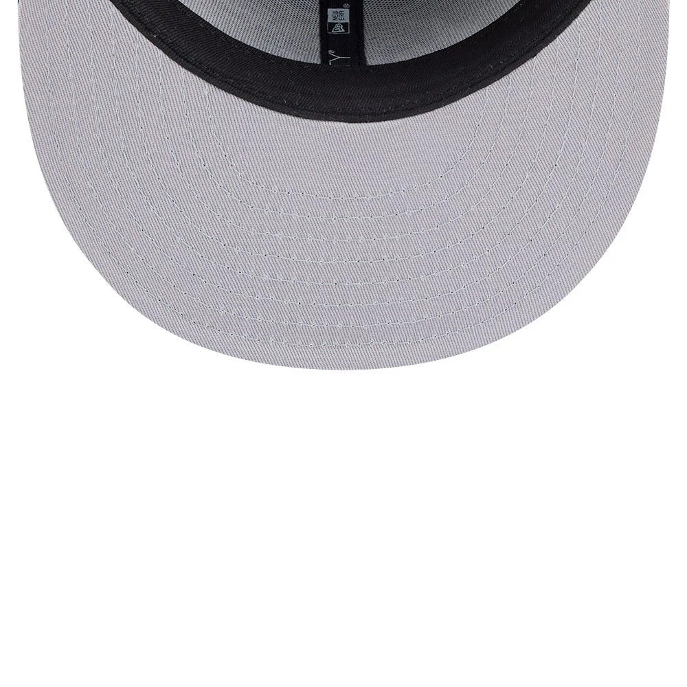 LA Lakers NBA Classic Black Dogear New Era 59FIFTY Fitted Cap, inside view showing grey undervisor, black interior taping with New Era branding, and a black sweatband, highlighting the structured design of the cap.