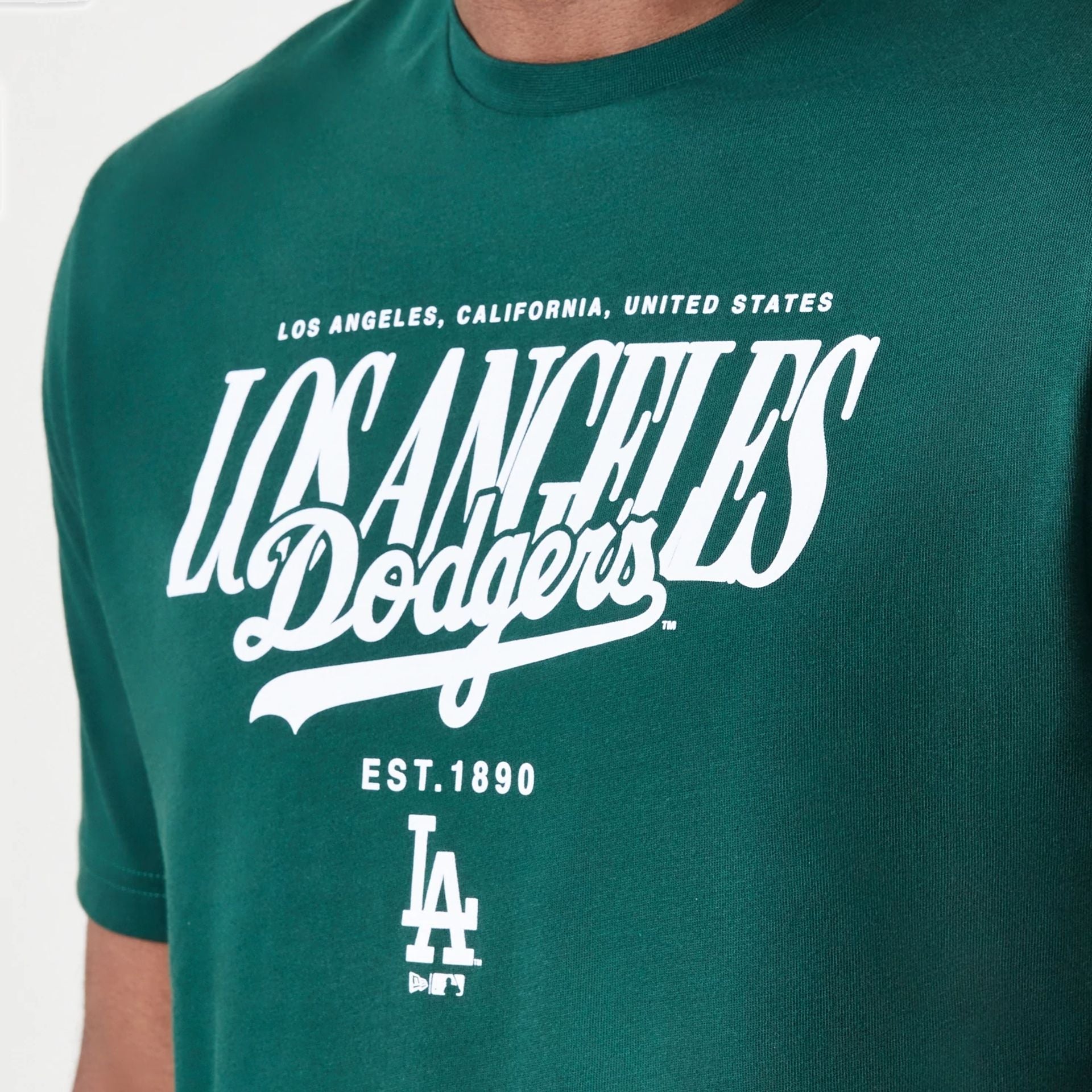 The Male model is wearing LA Dodgers MLB Script Graphic Dark Green T-Shirt  4