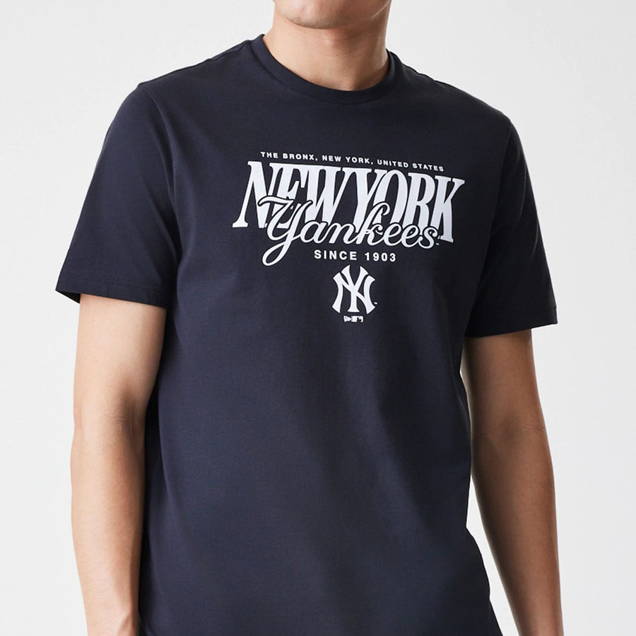 The Male model is wearing New York Yankees MLB Script Graphic Navy T-Shirt  3