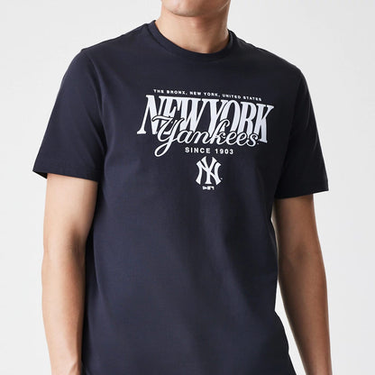 The Male model is wearing New York Yankees MLB Script Graphic Navy T-Shirt 3