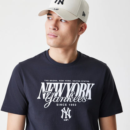 The Male model is wearing New York Yankees MLB Script Graphic Navy T-Shirt 4