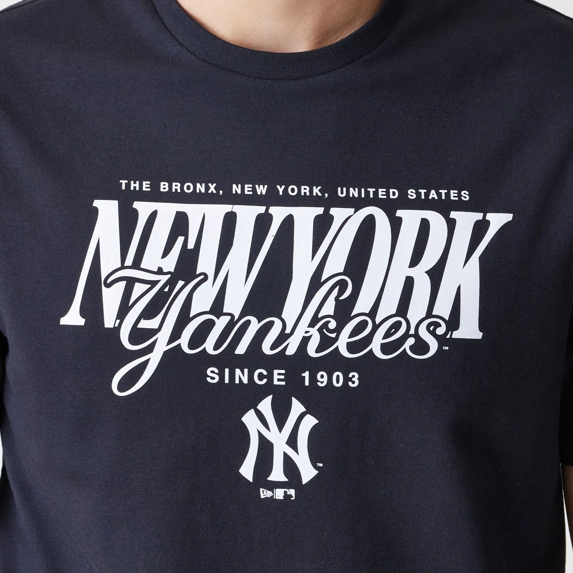 The Male model is wearing New York Yankees MLB Script Graphic Navy T-Shirt  6