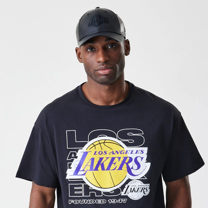 The Male model is wearing LA Lakers NBA Outline Graphic Navy Oversized T-Shirt  6