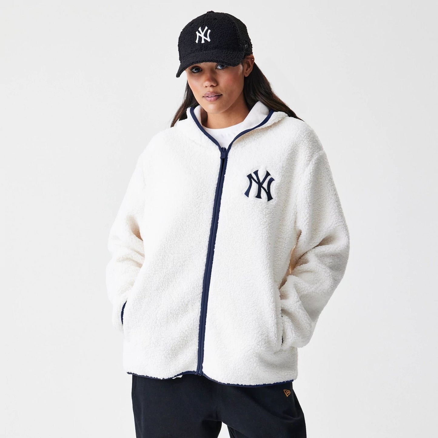 The Male model is wearing New York Yankees MLB Open White Hooded Sherpa Jacket  4