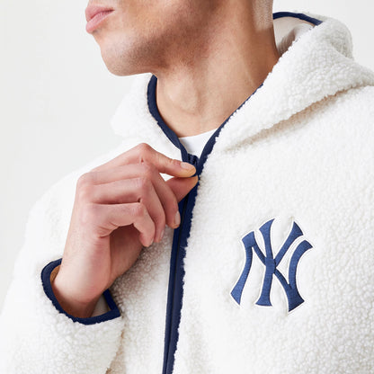 The Male model is wearing New York Yankees MLB Open White Hooded Sherpa Jacket 5