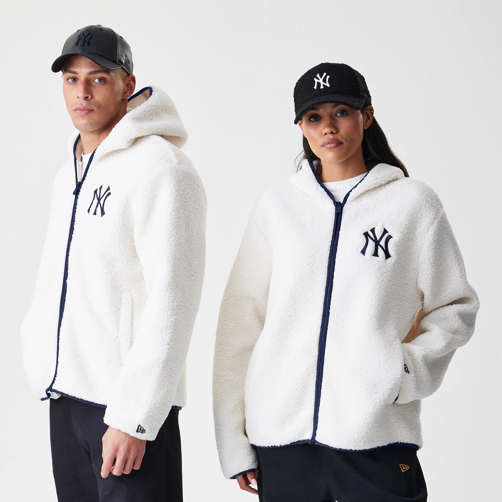 The Male model is wearing New York Yankees MLB Open White Hooded Sherpa Jacket  1