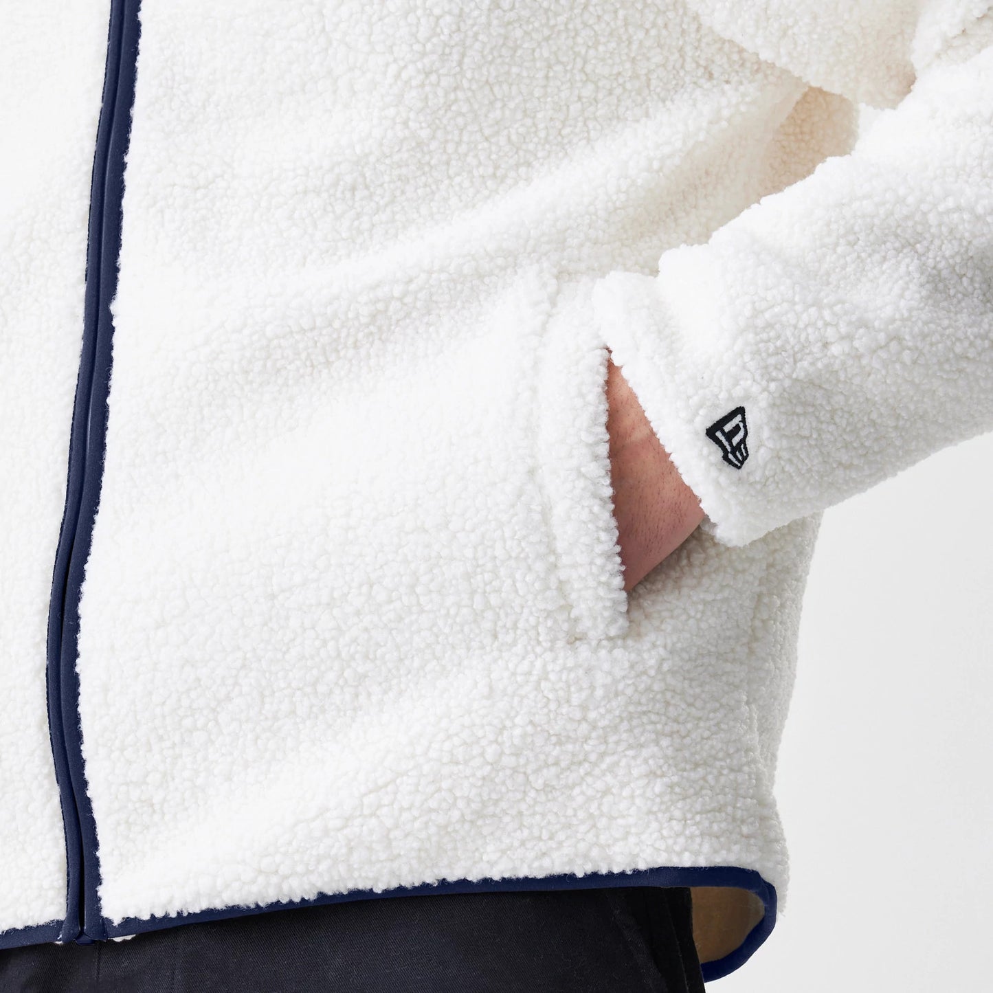 The Male model is wearing New York Yankees MLB Open White Hooded Sherpa Jacket 7