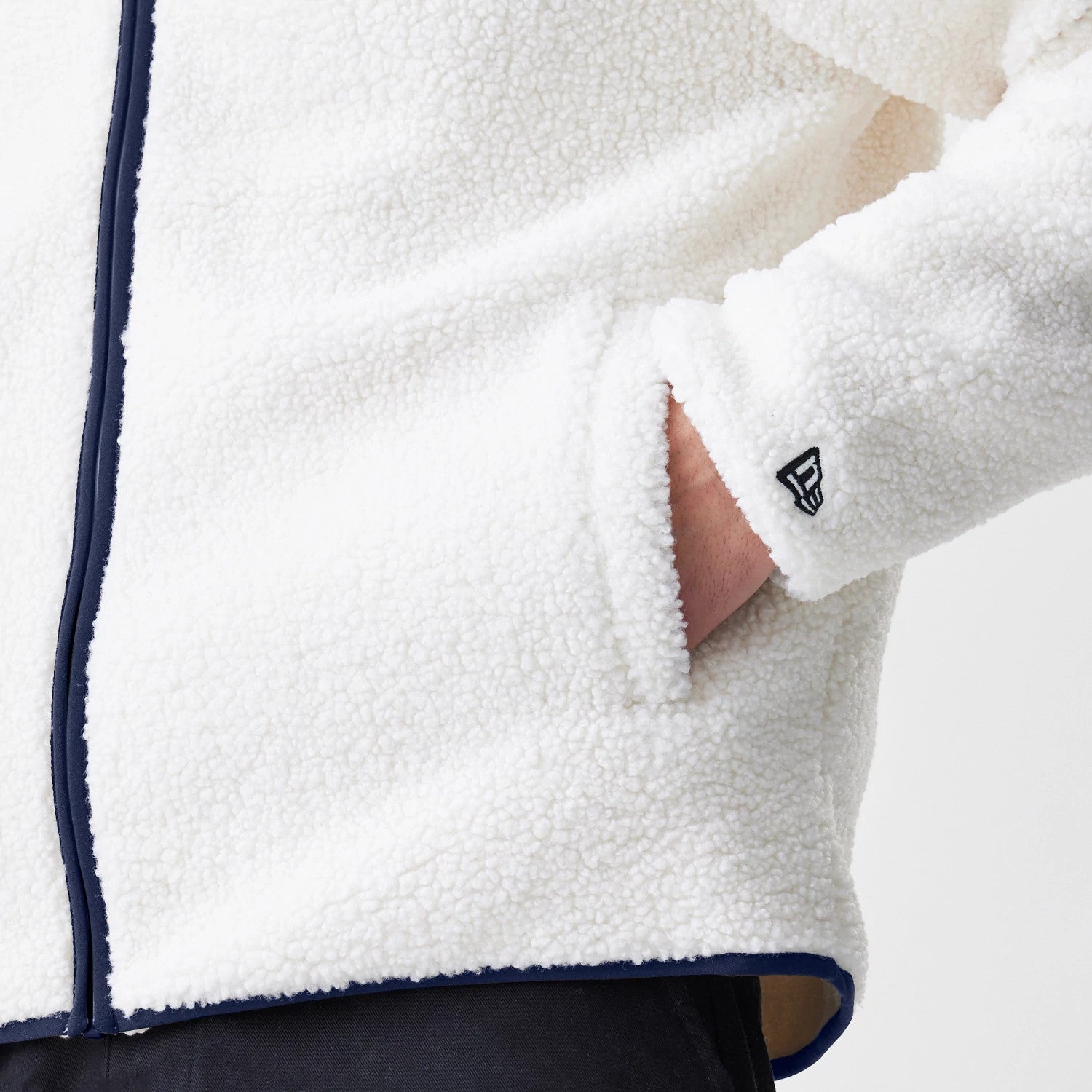 The Male model is wearing New York Yankees MLB Open White Hooded Sherpa Jacket 7