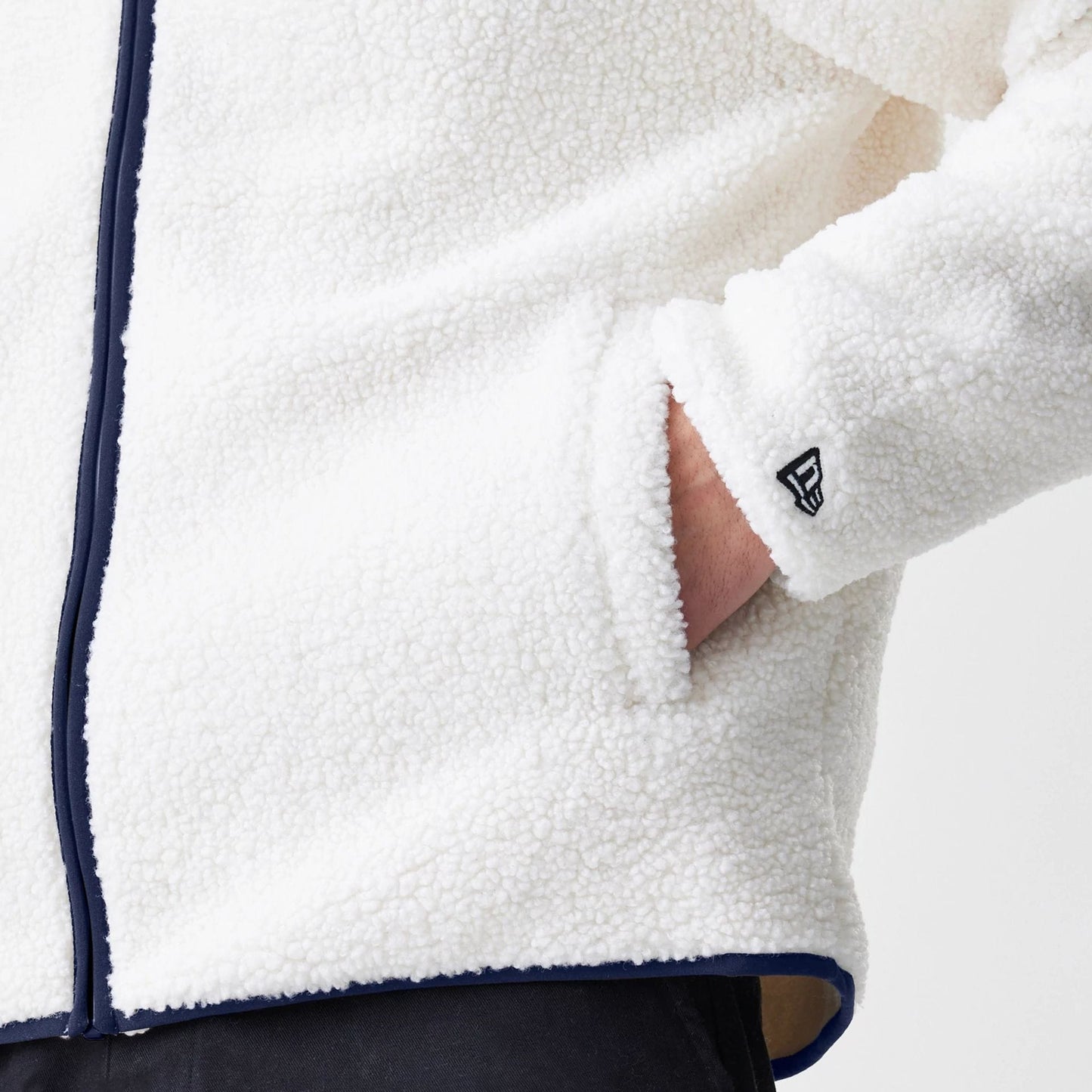 The Male model is wearing New York Yankees MLB Open White Hooded Sherpa Jacket 7