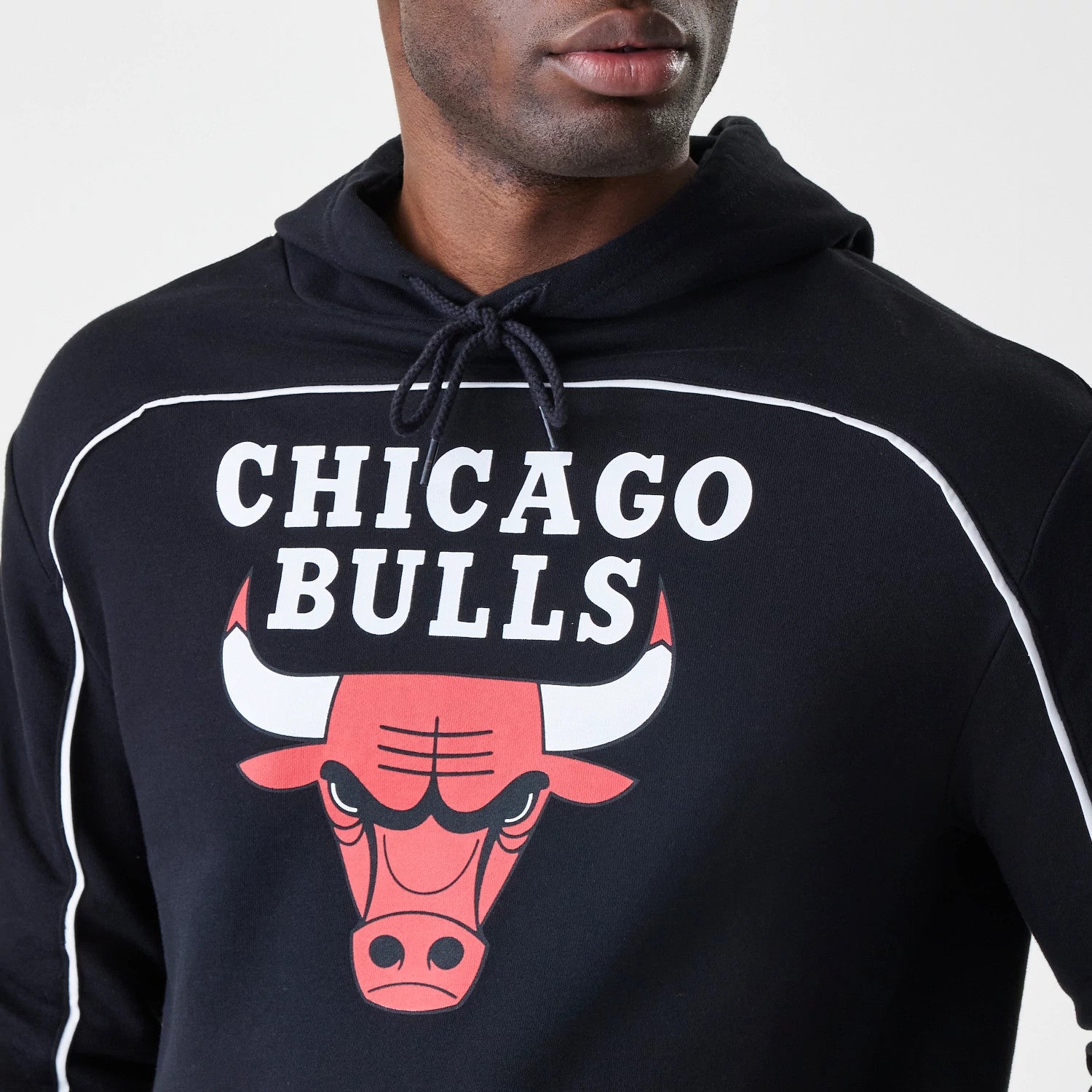 The Male model is wearing Chicago Bulls NBA Piping Black Oversized Pullover Hoodie 3