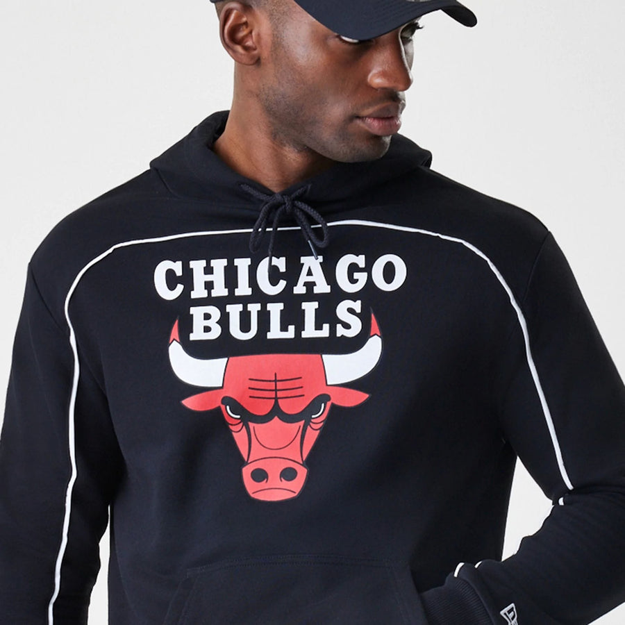 The Male model is wearing Chicago Bulls NBA Piping Black Oversized Pullover Hoodie  6
