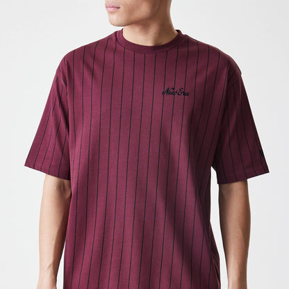 The Male model is wearing  New Era Pinstripe Dark Red Oversized T-Shirt 3